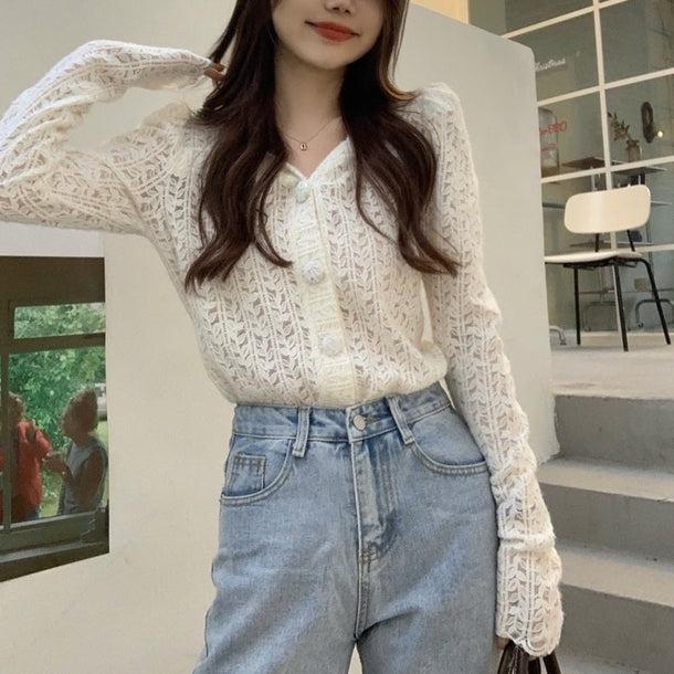 リーフパターンパフスリーブシアーカーディガン 5058-画像14-韓国ファッション通販POPREA［ポップリア］