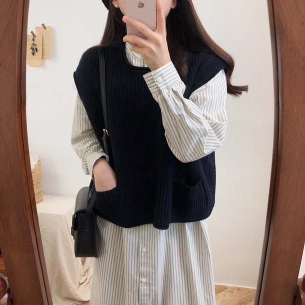 ショート丈ニットベスト＆ストライプワンピース 4745-画像15-韓国ファッション通販POPREA［ポップリア］