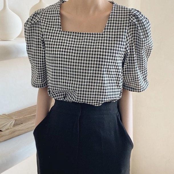 レトロチェックパターンパフスリブラウス 5192-画像15-韓国ファッション通販POPREA［ポップリア］
