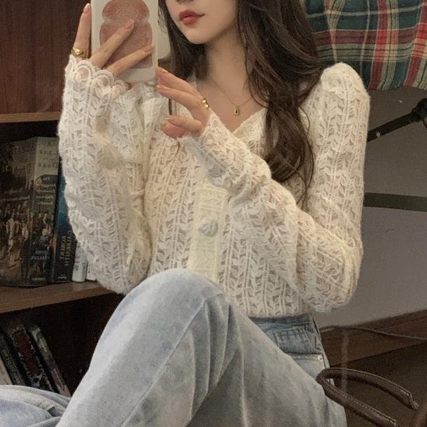 リーフパターンパフスリーブシアーカーディガン 5058-画像15-韓国ファッション通販POPREA［ポップリア］