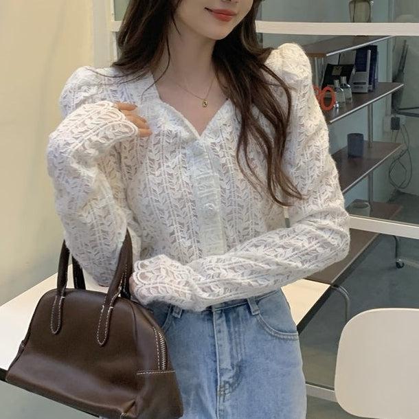 リーフパターンパフスリーブシアーカーディガン 5058-画像16-韓国ファッション通販POPREA［ポップリア］