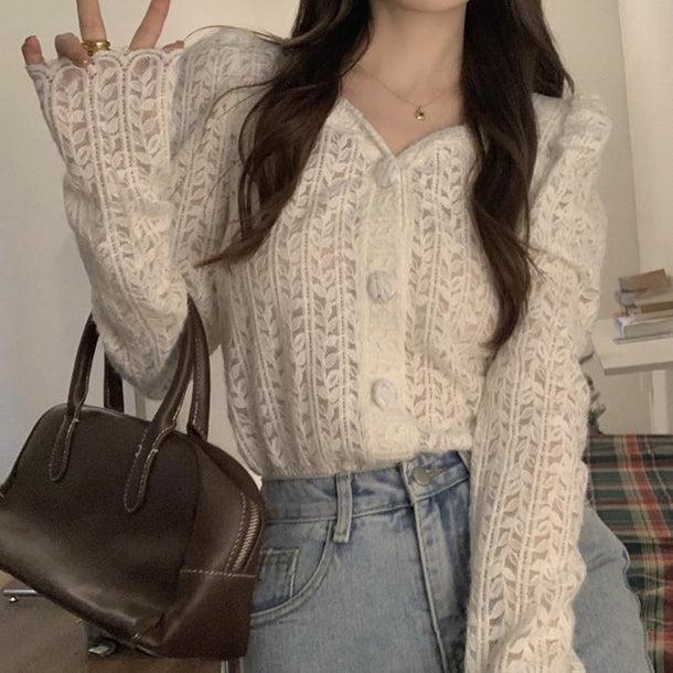 リーフパターンパフスリーブシアーカーディガン 5058-画像17-韓国ファッション通販POPREA［ポップリア］