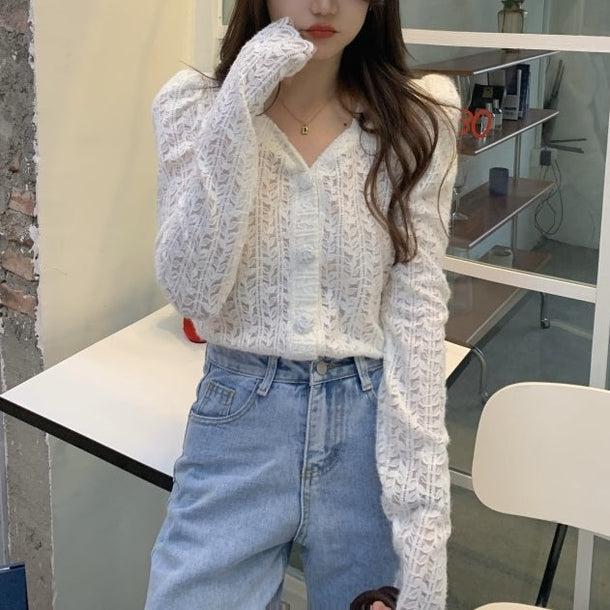 リーフパターンパフスリーブシアーカーディガン 5058-画像19-韓国ファッション通販POPREA［ポップリア］