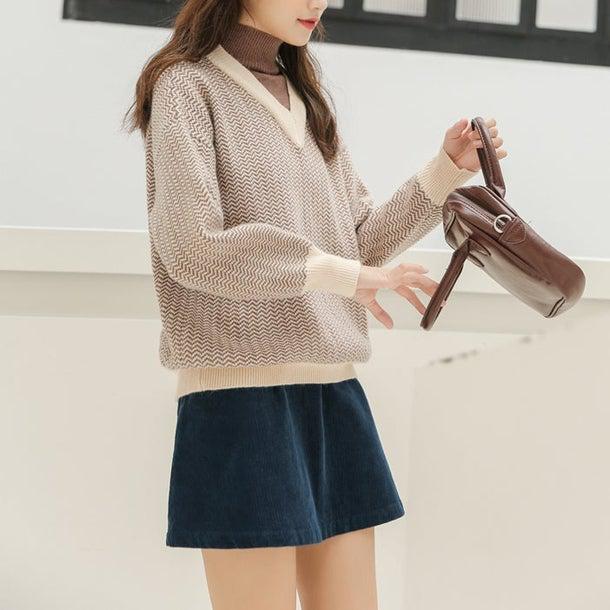 ヘリンボーン柄ハイネックレイヤードニット 4957-画像20-韓国ファッション通販POPREA［ポップリア］