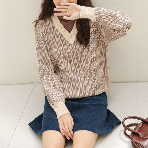 ヘリンボーン柄ハイネックレイヤードニット 4957-画像21-韓国ファッション通販POPREA［ポップリア］