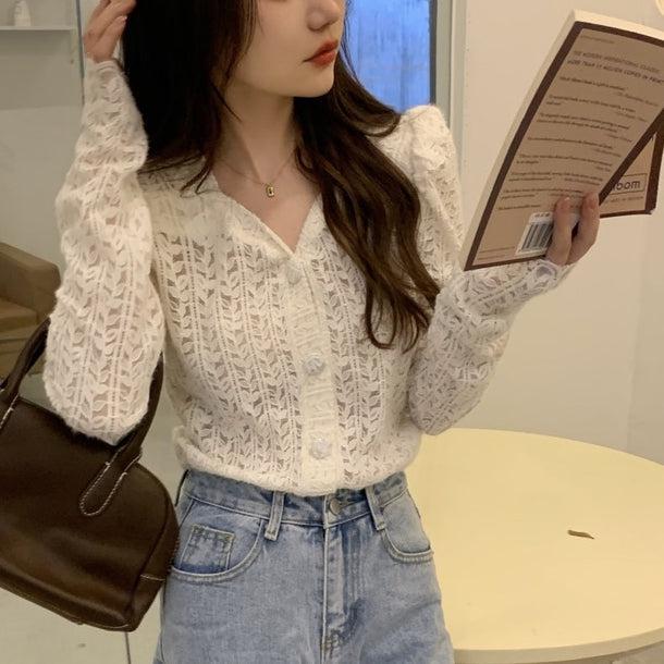 リーフパターンパフスリーブシアーカーディガン 5058-画像21-韓国ファッション通販POPREA［ポップリア］