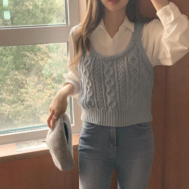 ワイシャツ＆ツイスト編みブルーベスト 5134-画像2-韓国ファッション通販POPREA［ポップリア］