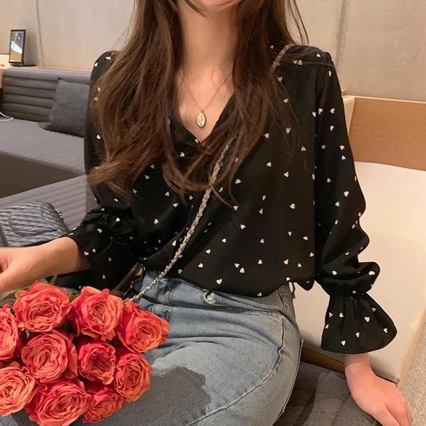 ミニハート柄シフォンブラウス 4775-画像2-韓国ファッション通販POPREA［ポップリア］