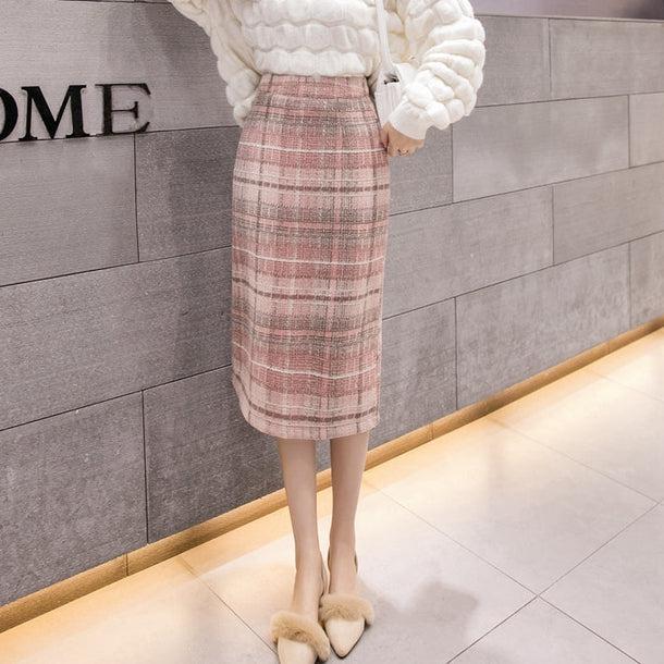 チェック柄ミモレ丈タイトスカート 5018-画像2-韓国ファッション通販POPREA［ポップリア］
