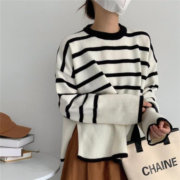 ベルスリーブボーダーニット 4804-画像2-韓国ファッション通販POPREA［ポップリア］