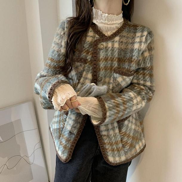 チェック柄ウールショートジャケット 4806-画像2-韓国ファッション通販POPREA［ポップリア］