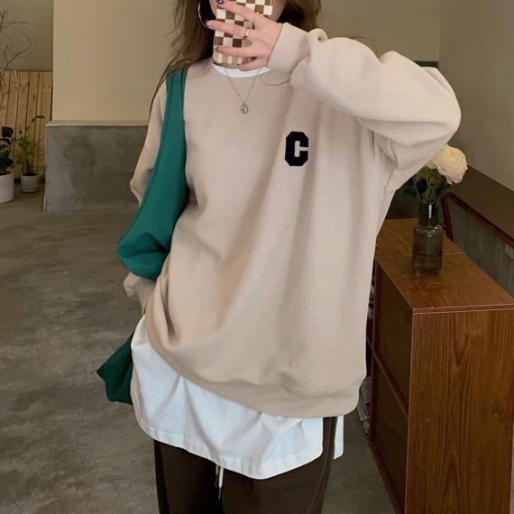 ワッフルCロゴプルオーバー 4928-画像2-韓国ファッション通販POPREA［ポップリア］