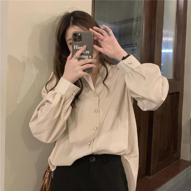 Vネックパールボタンブラウス 4689-画像2-韓国ファッション通販POPREA［ポップリア］