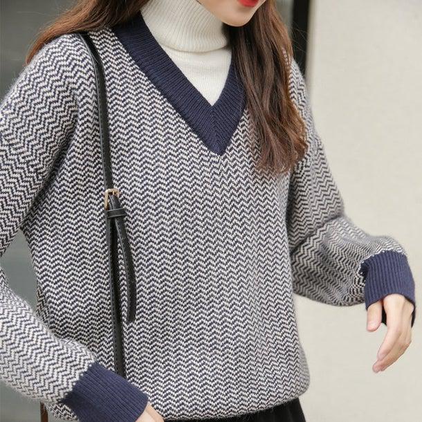 ヘリンボーン柄ハイネックレイヤードニット 4957-画像2-韓国ファッション通販POPREA［ポップリア］