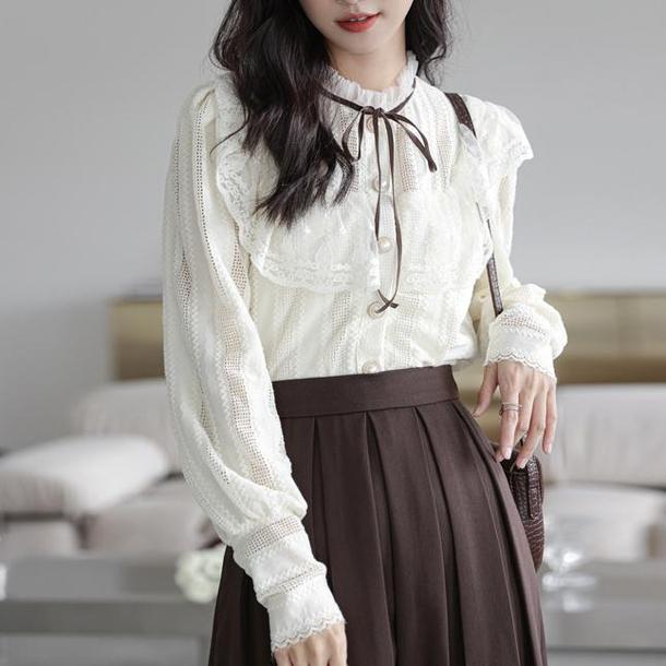 フリルハイネックレースリボンタイブラウス 4922-画像2-韓国ファッション通販POPREA［ポップリア］