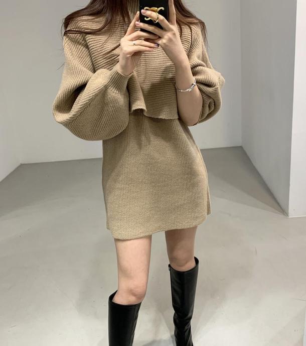 ハイネックニットトップス＆ミニワンピース 4815-画像2-韓国ファッション通販POPREA［ポップリア］