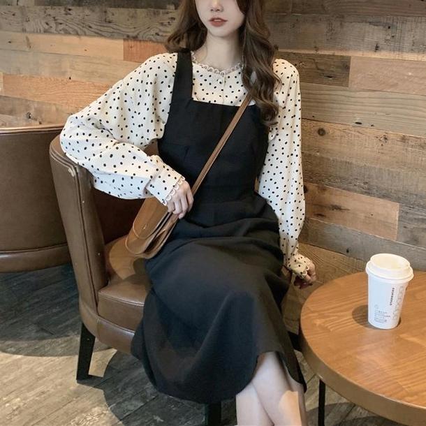 ドットブラウス＆クロスバックストラップスカート 4719-画像2-韓国ファッション通販POPREA［ポップリア］