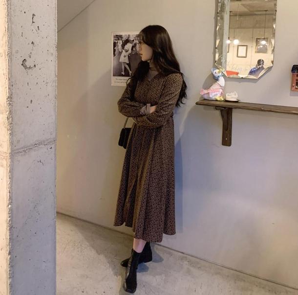 レトロフラワーVネックワンピ 4763-画像2-韓国ファッション通販POPREA［ポップリア］