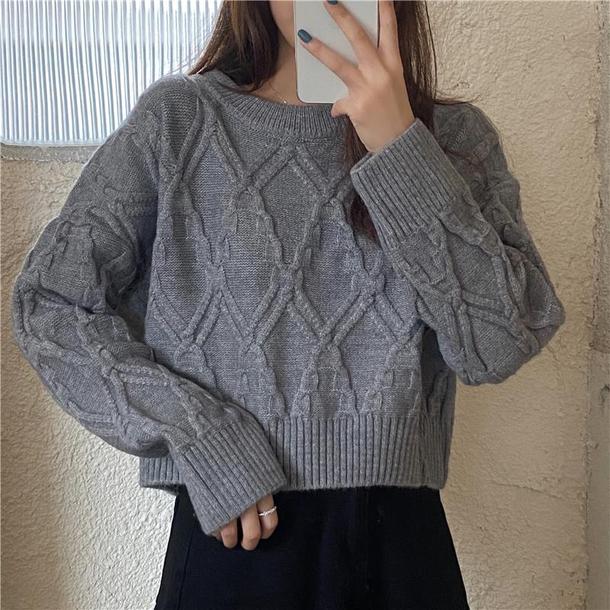 ラウンドネックダイヤ柄ショートニット 4849-画像2-韓国ファッション通販POPREA［ポップリア］