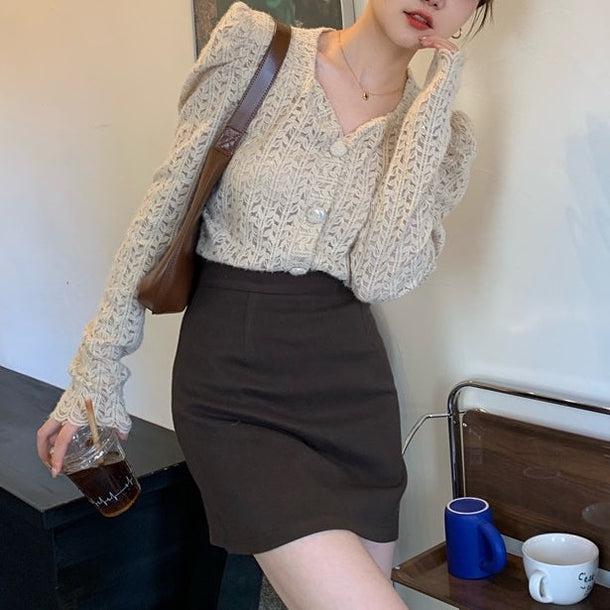 リーフパターンパフスリーブシアーカーディガン 5058-画像2-韓国ファッション通販POPREA［ポップリア］