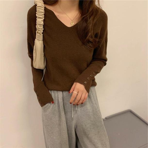 Vネックボタンスリーブトップス 4858-画像2-韓国ファッション通販POPREA［ポップリア］