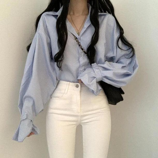 フリルスリーブストライプシャツ 5151-画像2-韓国ファッション通販POPREA［ポップリア］