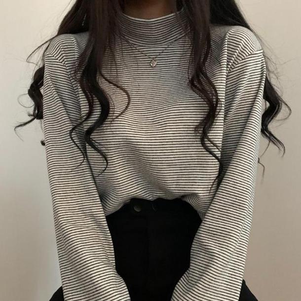 ハイネックボーダートップス 4927-画像2-韓国ファッション通販POPREA［ポップリア］