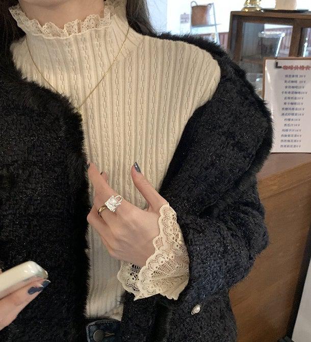 レースハイネック袖リブニット 4970-画像2-韓国ファッション通販POPREA［ポップリア］