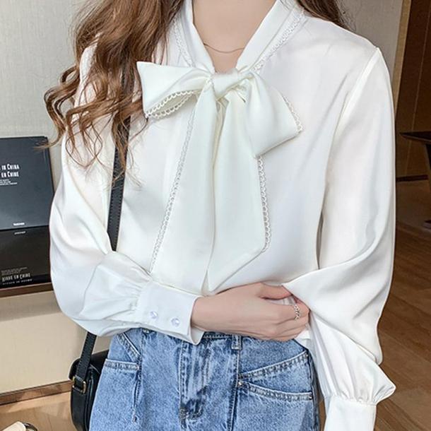 ボウタイリボンシルクタッチブラウス 4862-画像2-韓国ファッション通販POPREA［ポップリア］