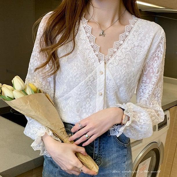 フラワーレースVネックブラウス 4964-画像2-韓国ファッション通販POPREA［ポップリア］