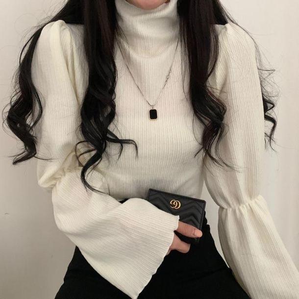 トランペットスリーブハイネックリブニット 4852-画像2-韓国ファッション通販POPREA［ポップリア］