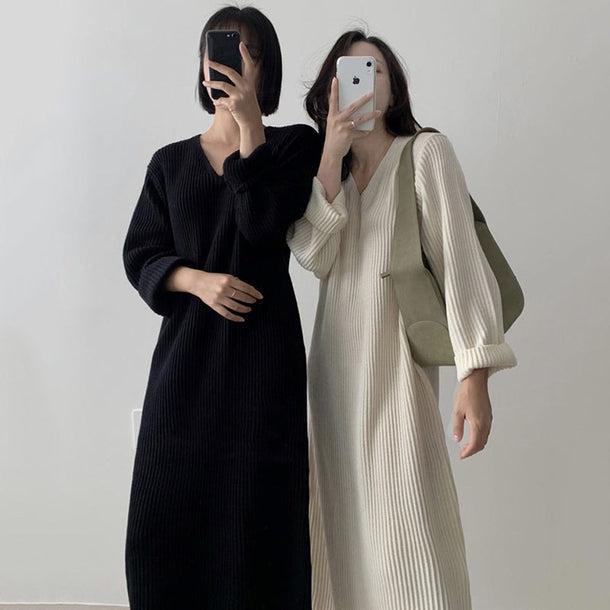 Vネックリブロングニットワンピ 5021-画像2-韓国ファッション通販POPREA［ポップリア］