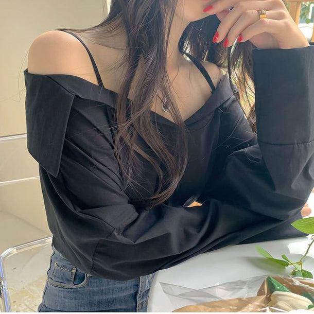 オフショルダーシンプルシャツブラウス 5133-画像2-韓国ファッション通販POPREA［ポップリア］