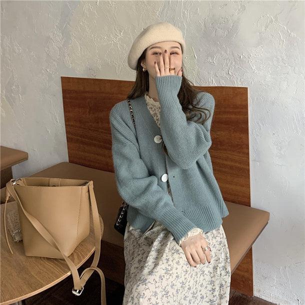 レトロフラワーワンピ＆ビッグボタンカーディガン 5063-画像2-韓国ファッション通販POPREA［ポップリア］