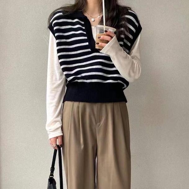 POLOボーダーニットベスト 4712-画像2-韓国ファッション通販POPREA［ポップリア］