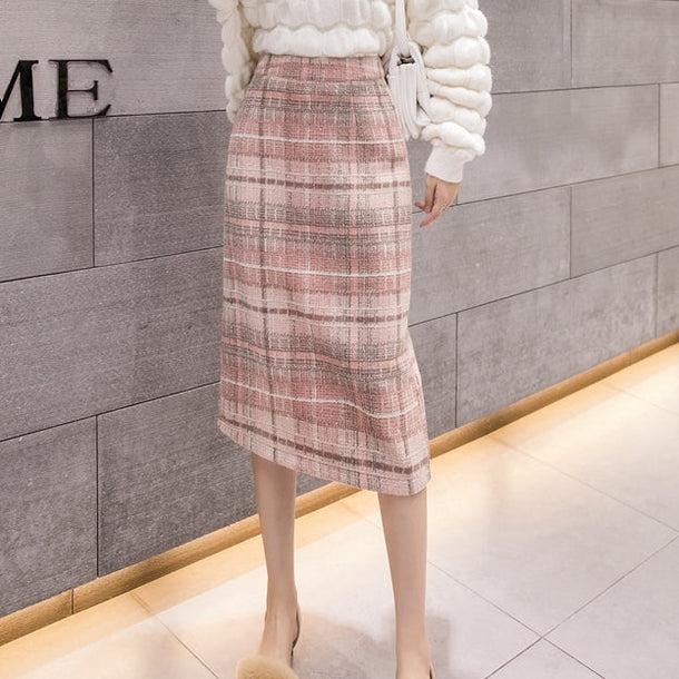 チェック柄ミモレ丈タイトスカート 5018-画像3-韓国ファッション通販POPREA［ポップリア］
