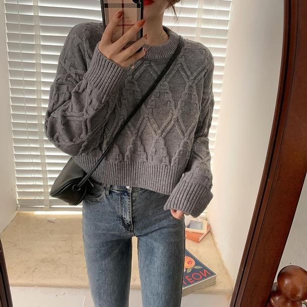 ラウンドネックダイヤ柄ショートニット 4849-画像3-韓国ファッション通販POPREA［ポップリア］