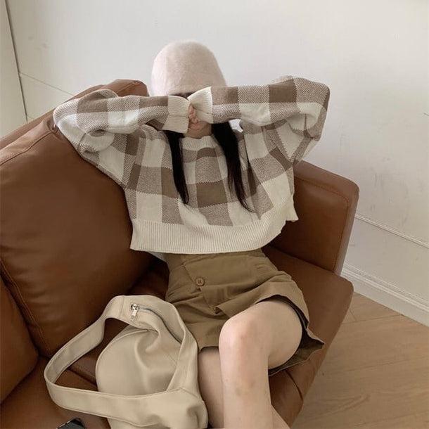 ボックスチェッククロップドニット 5042-画像3-韓国ファッション通販POPREA［ポップリア］