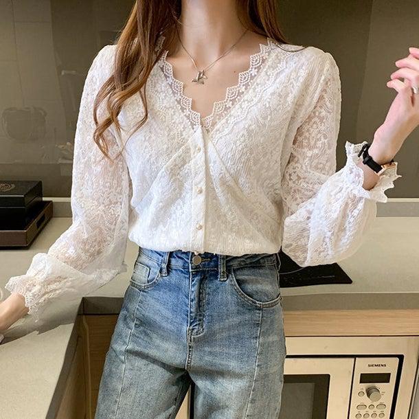 フラワーレースVネックブラウス 4964-画像3-韓国ファッション通販POPREA［ポップリア］