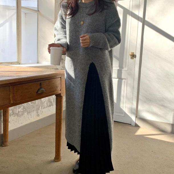 ラウンドネックスリットニットワンピース 4859-画像3-韓国ファッション通販POPREA［ポップリア］