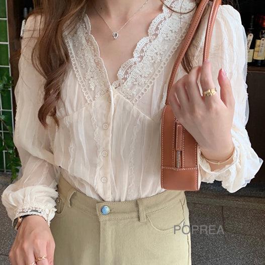 Vネックシフォンレースブラウス﻿ 5146-画像3-韓国ファッション通販POPREA［ポップリア］