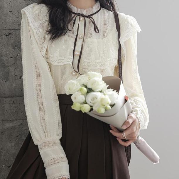 フリルハイネックレースリボンタイブラウス 4922-画像3-韓国ファッション通販POPREA［ポップリア］