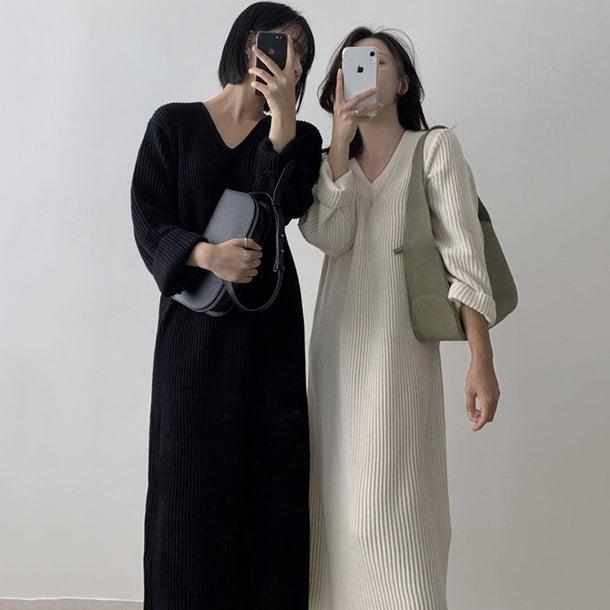 Vネックリブロングニットワンピ 5021-画像3-韓国ファッション通販POPREA［ポップリア］