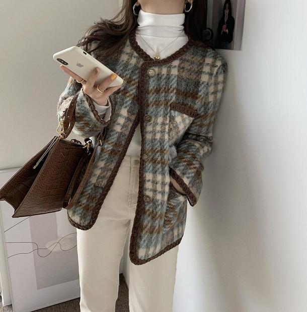 チェック柄ウールショートジャケット 4806-画像3-韓国ファッション通販POPREA［ポップリア］