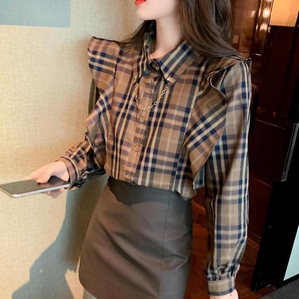 チェック柄フリルシャツブラウス 4826-画像3-韓国ファッション通販POPREA［ポップリア］