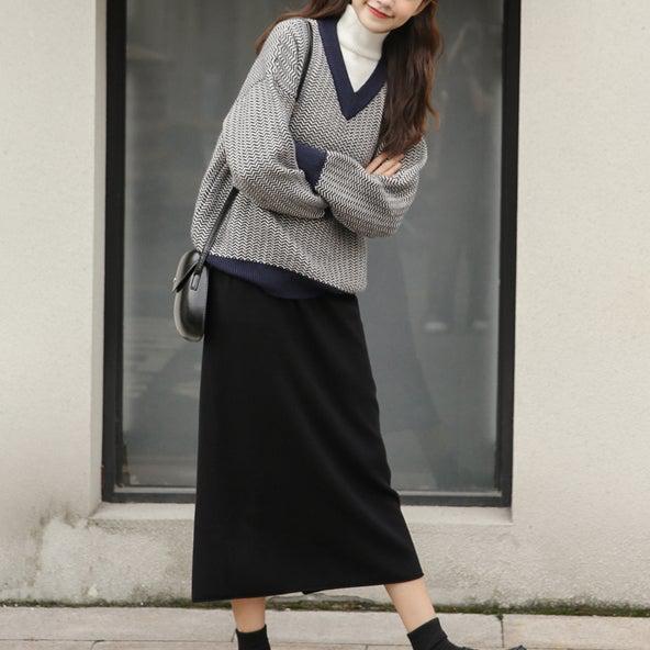 ヘリンボーン柄ハイネックレイヤードニット 4957-画像3-韓国ファッション通販POPREA［ポップリア］