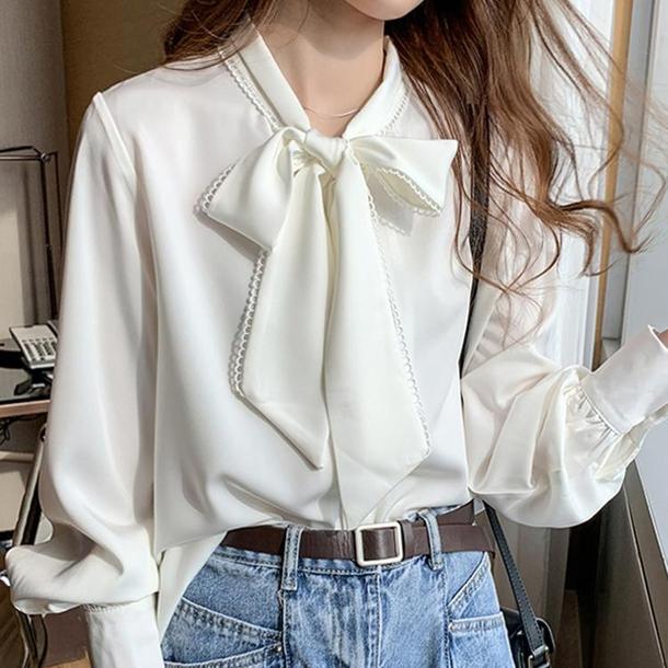 ボウタイリボンシルクタッチブラウス 4862-画像3-韓国ファッション通販POPREA［ポップリア］