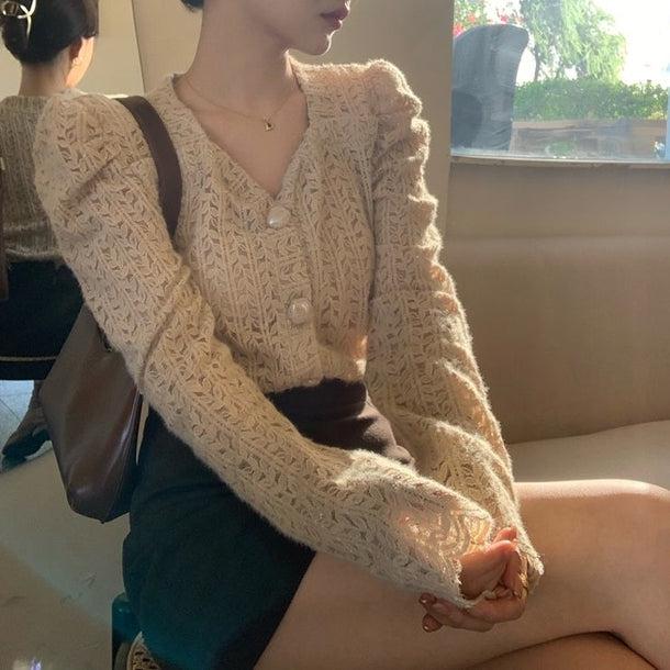 リーフパターンパフスリーブシアーカーディガン 5058-画像3-韓国ファッション通販POPREA［ポップリア］