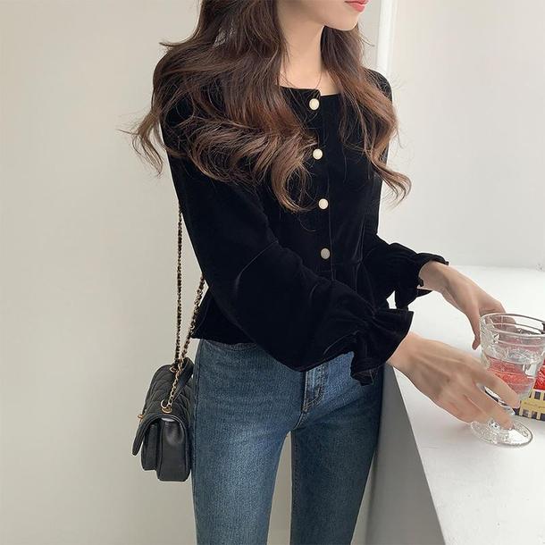 レトロベルベットブラックトップス 4718-画像3-韓国ファッション通販POPREA［ポップリア］