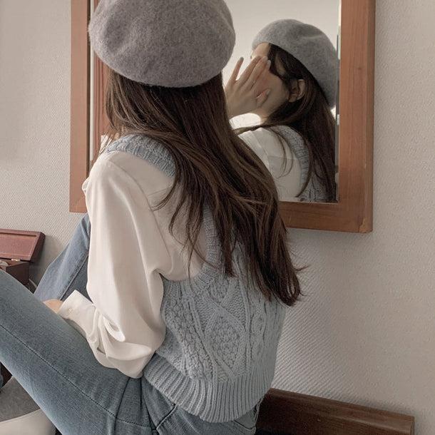 ワイシャツ＆ツイスト編みブルーベスト 5134-画像3-韓国ファッション通販POPREA［ポップリア］